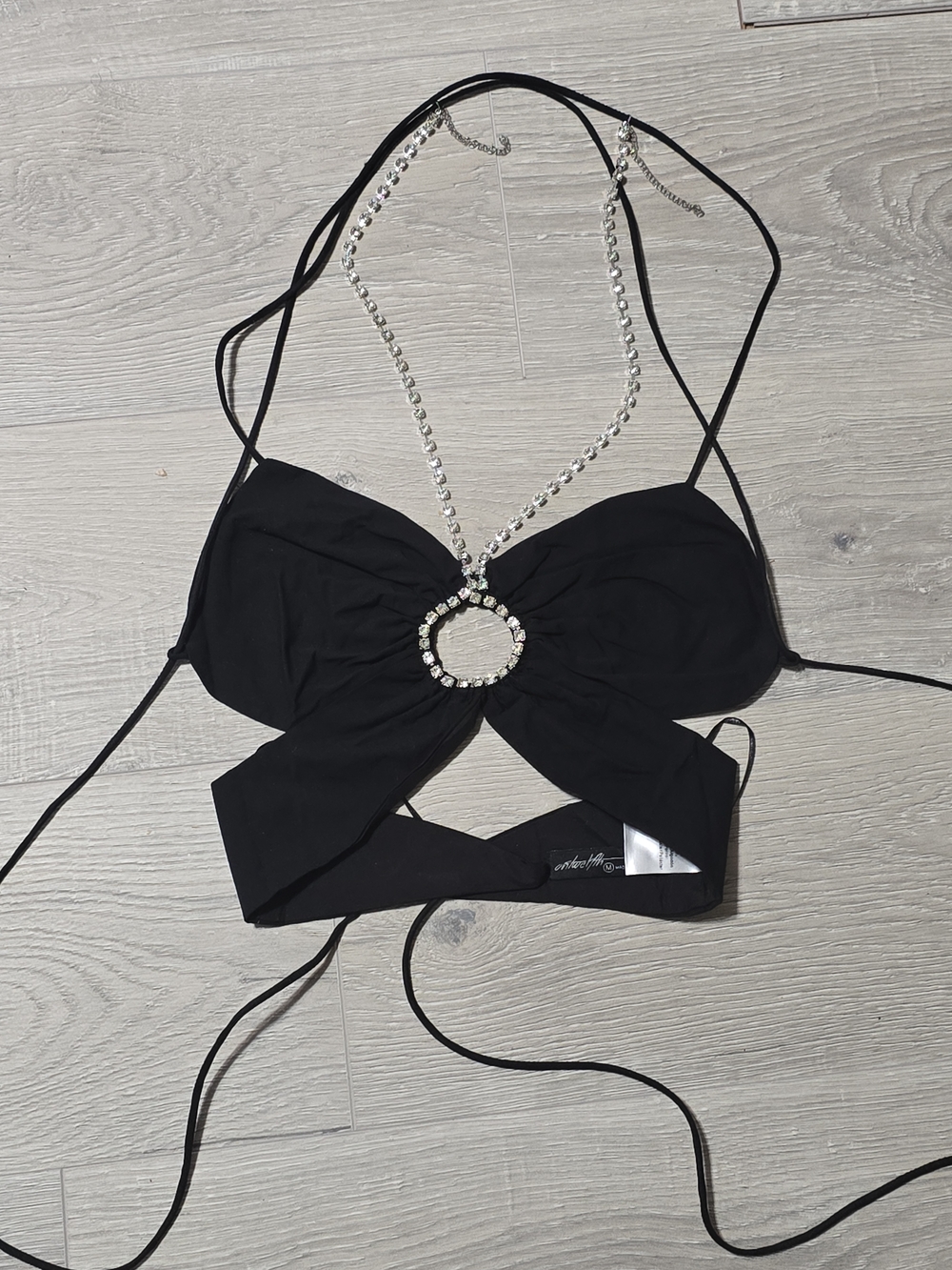 Black Rhinestone Circle Cutout Wrap Halter Top